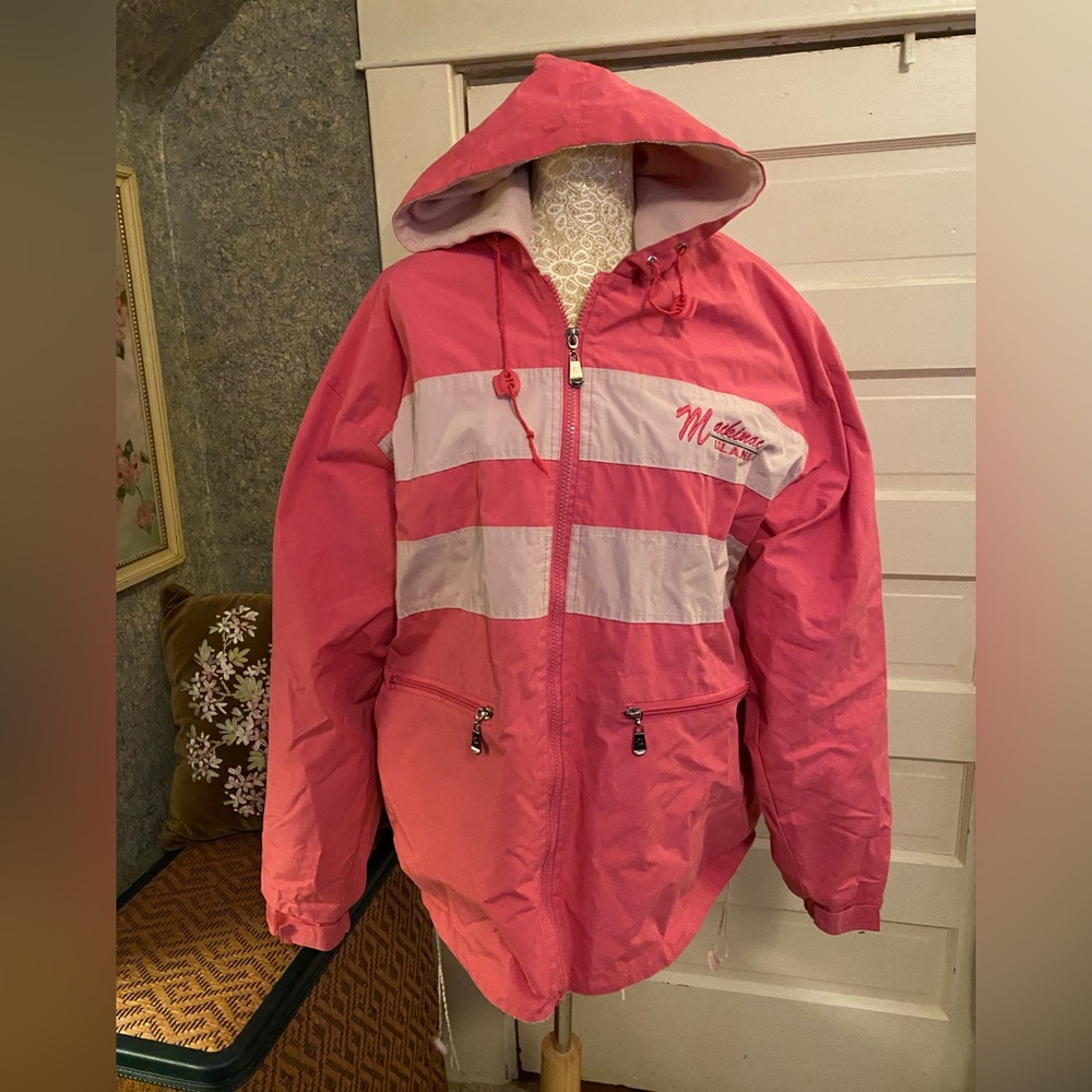 Vtg Mackinack Island Michigan Pink and White Hooded Jacket fleece lined sz Med